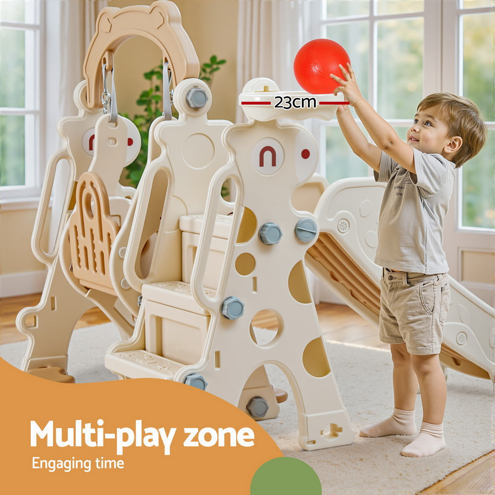 Kids Slide Swing Set Basketball Hoop Outdoor Playground Toys 160cm Beige Fast shipping On sale