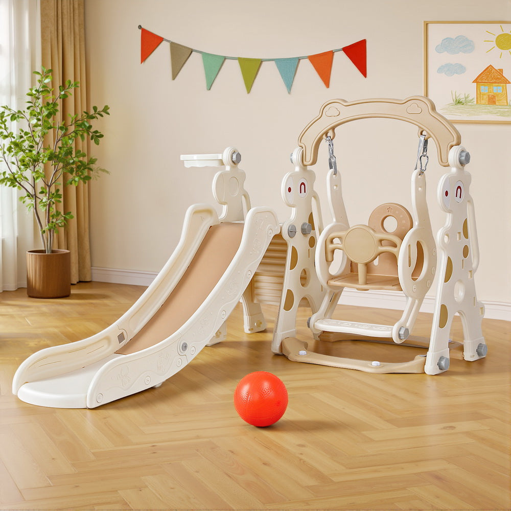 Kids Slide Swing Set Basketball Hoop Outdoor Playground Toys 160cm Beige Fast shipping On sale