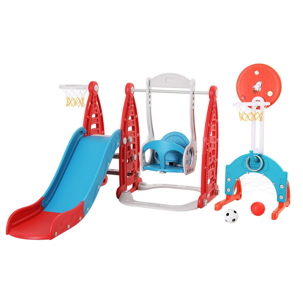 Kids Slide Swing Set Basketball Hoop Rings Football Outdoor Toys 140cm Red Fast shipping On sale
