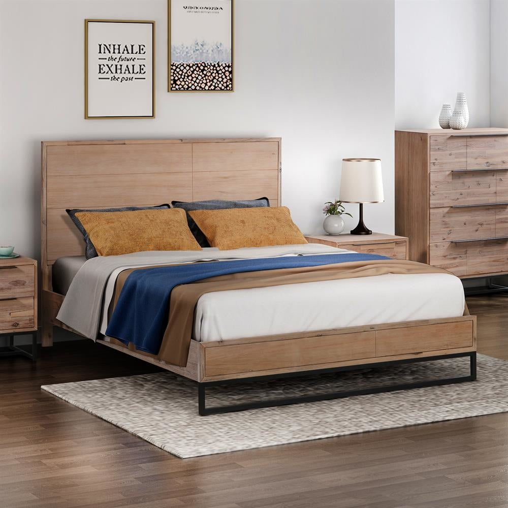 King size Bed Frame Solid Wood Acacia Veneered Bedroom Furniture Steel Legs Fast shipping On sale