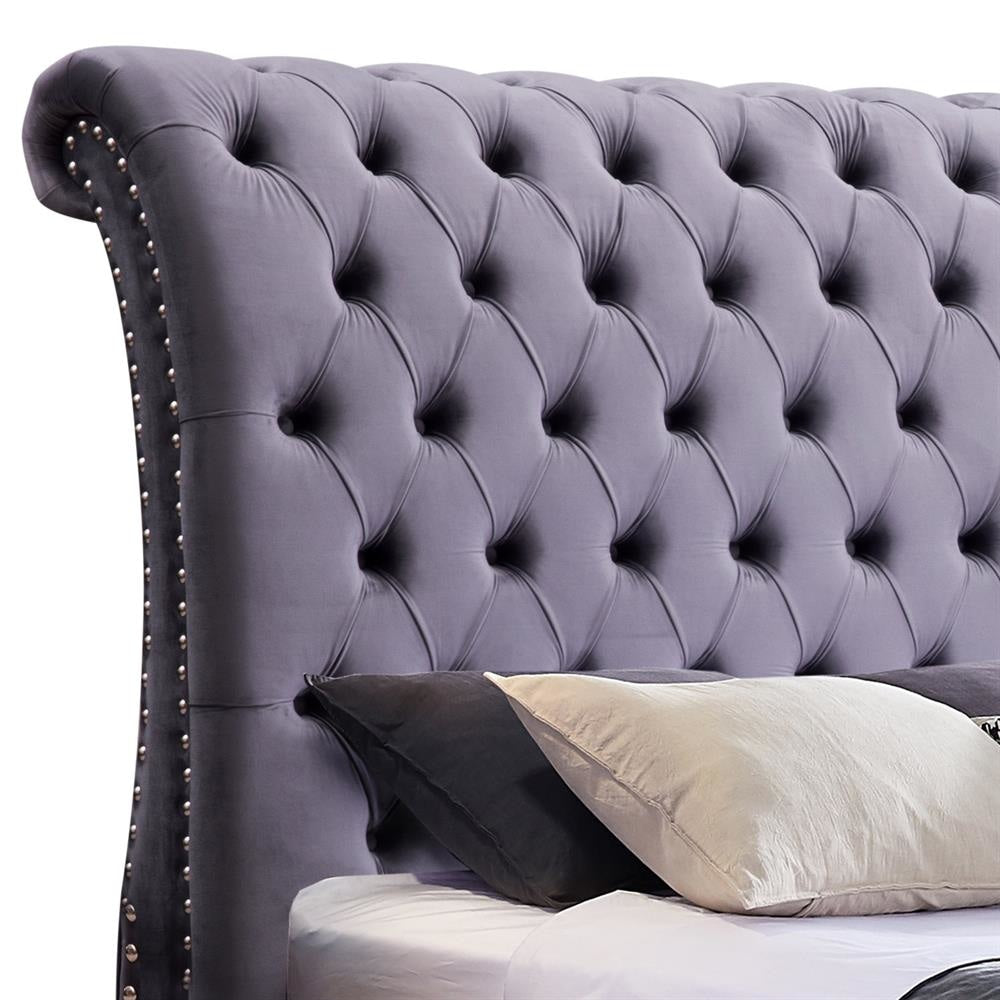 King Size Sleigh Bedframe Velvet Upholstery Grey Colour Tufted Headboard And Footboard Deep Quilting Bed Frame Fast shipping On sale