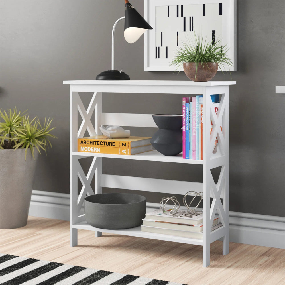 Krepin 3-Tier Low Wooden Bookcase Display Shelf Unit White Fast shipping On sale