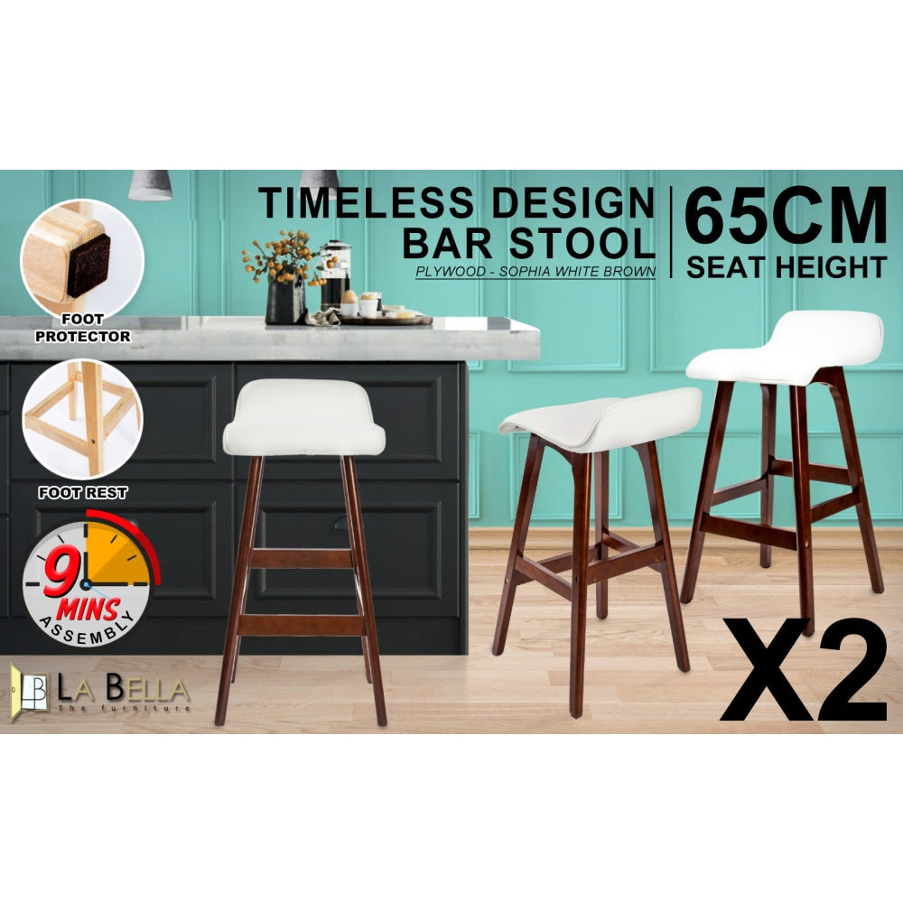 La Bella 2 Set 65cm White Brown Wooden Bar Stool Sophia Leather Fast shipping On sale