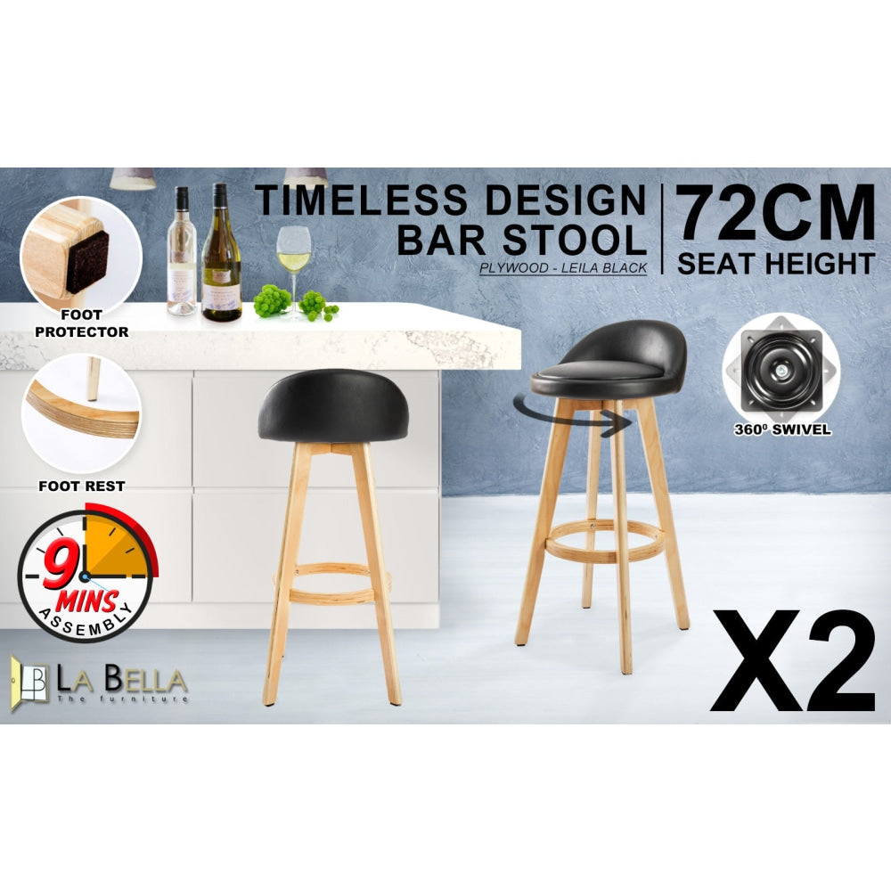 La Bella 2 Set 72cm Black Wooden Bar Stool Leila Leather Fast shipping On sale