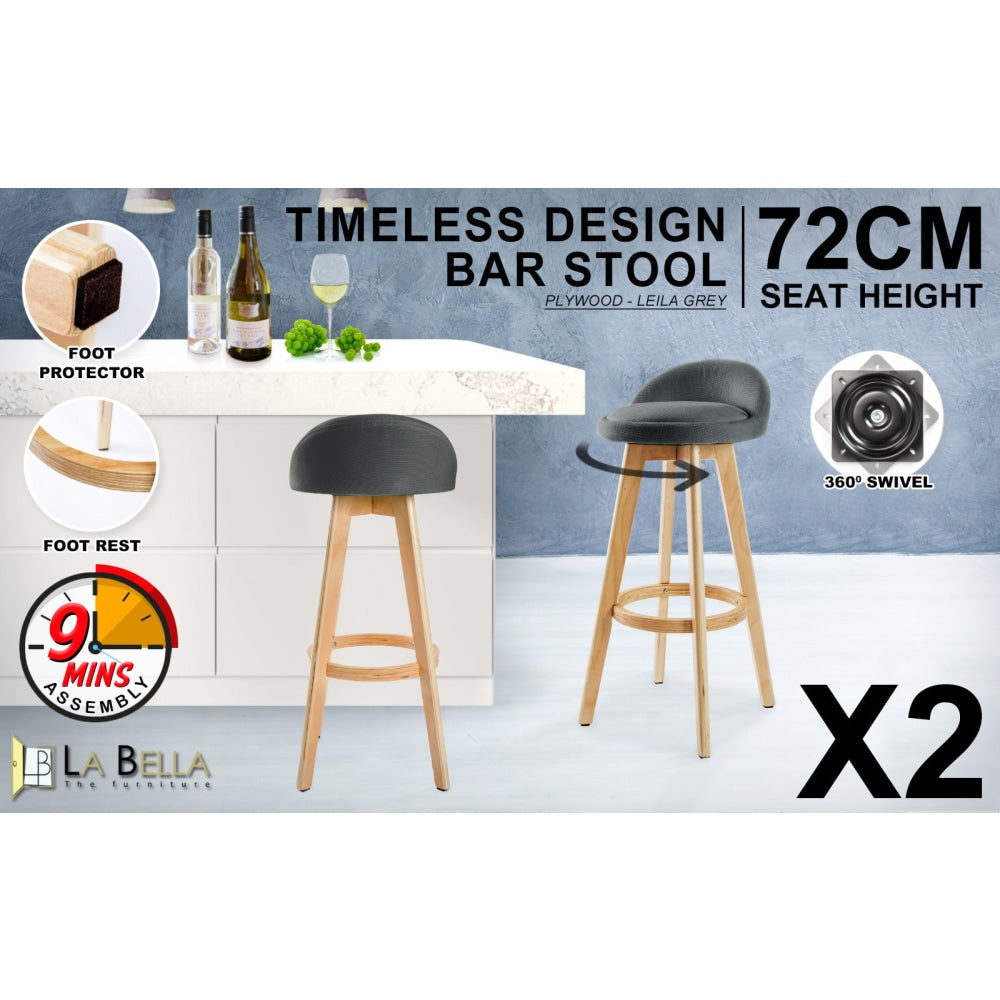 La Bella 2 Set 72cm Grey Wooden Bar Stool Leila Fabric Fast shipping On sale