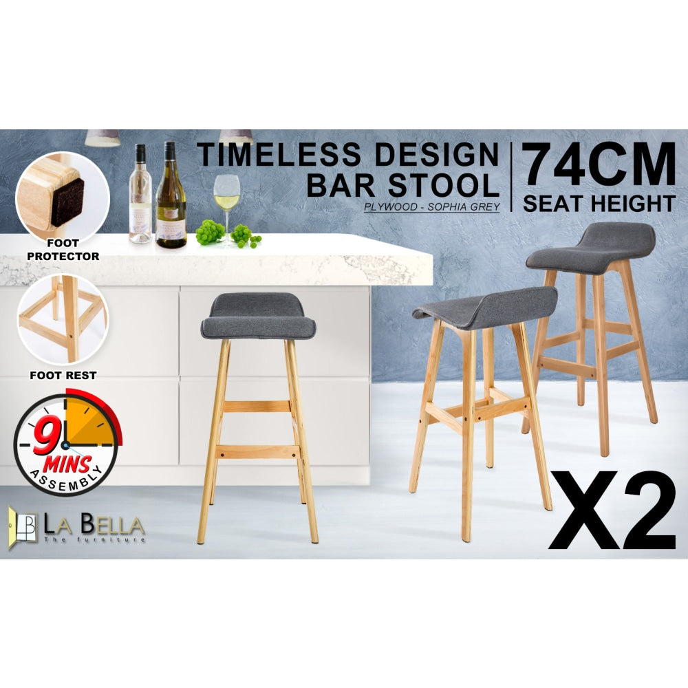 La Bella 2 Set 74cm Grey Wooden Bar Stool Sophia Fabric Fast shipping On sale
