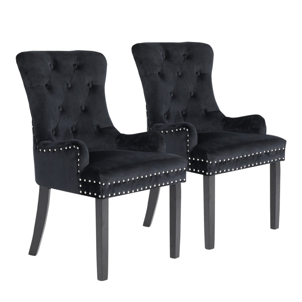 La Bella 2 Set Black French Provincial Dining Chair Ring Studded Lisse Velvet Rubberwood Fast shipping On sale