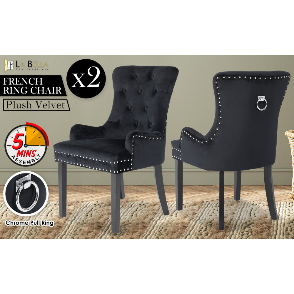 La Bella 2 Set Black French Provincial Dining Chair Ring Studded Lisse Velvet Rubberwood Fast shipping On sale