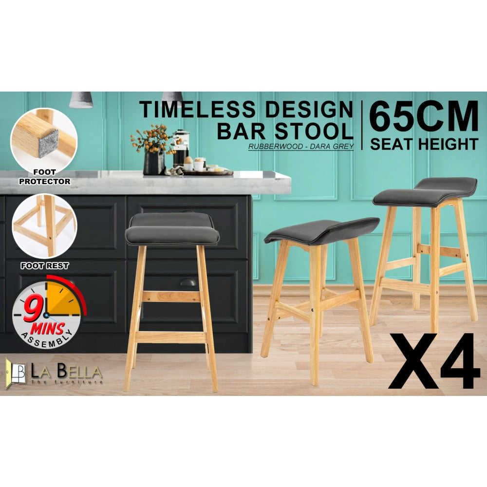 La Bella 4 Set 65cm Black Wooden Bar Stool DARA Leather Fast shipping On sale