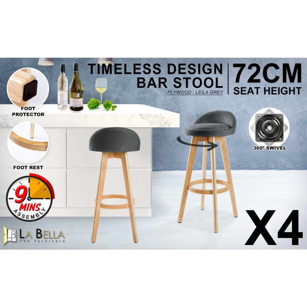 La Bella 4 Set 72cm Grey Wooden Bar Stool Leila Fabric Fast shipping On sale