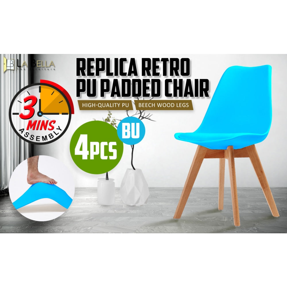 La Bella 4 Set Blue Retro Dining Cafe Chair Padded Seat Fast shipping On sale