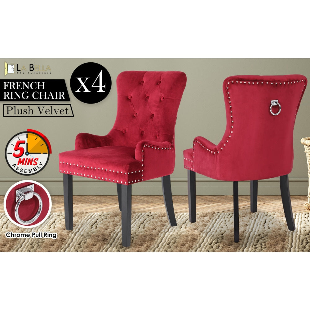 La Bella 4 Set Bordeaux Red French Provincial Dining Chair Ring Studded Lisse Velvet Rubberwood Fast shipping On sale