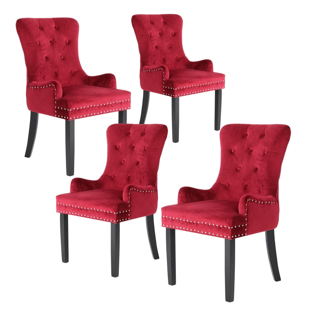 La Bella 4 Set Bordeaux Red French Provincial Dining Chair Ring Studded Lisse Velvet Rubberwood Fast shipping On sale