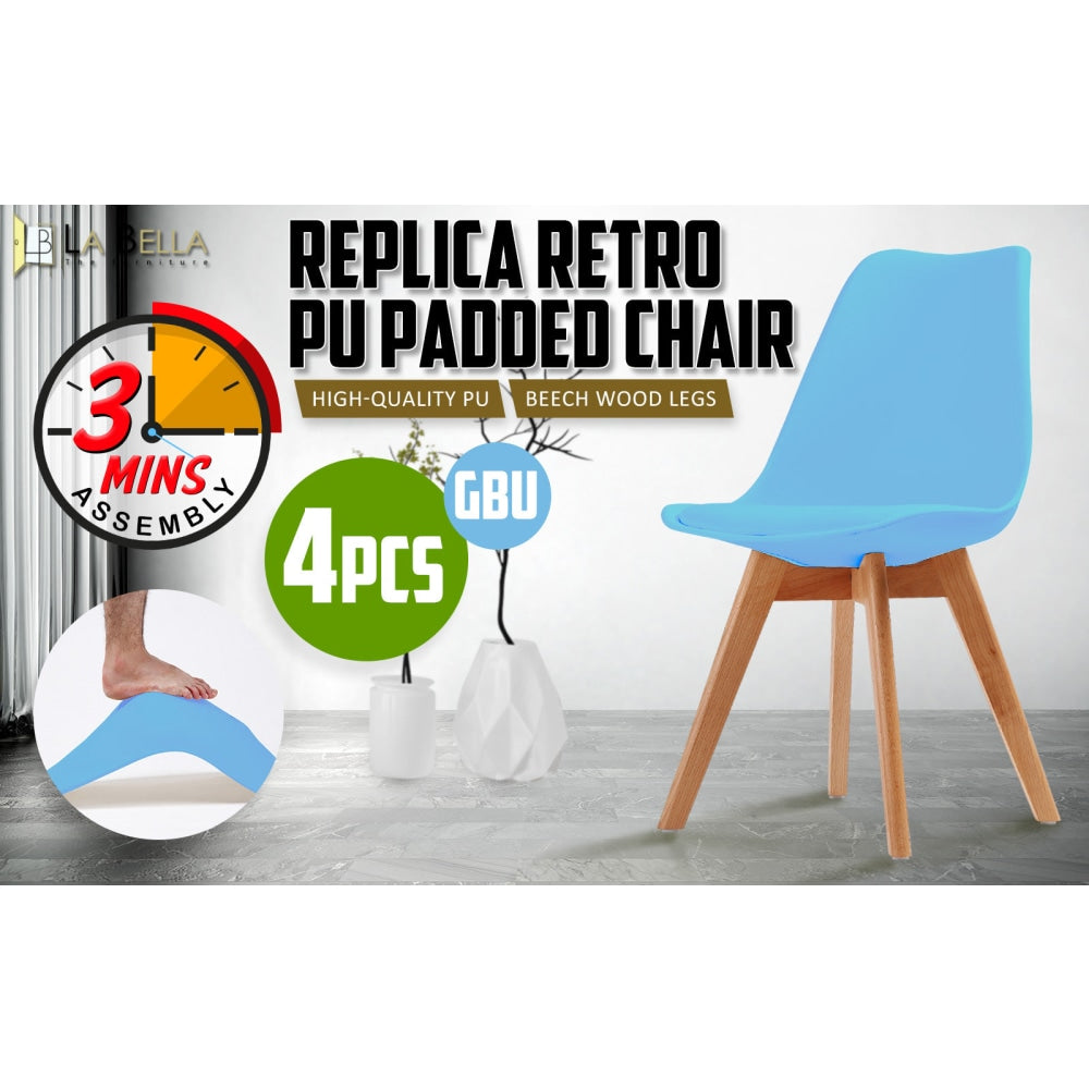 La Bella 4 Set Grey Blue Retro Dining Cafe Chair Padded Seat Fast shipping On sale