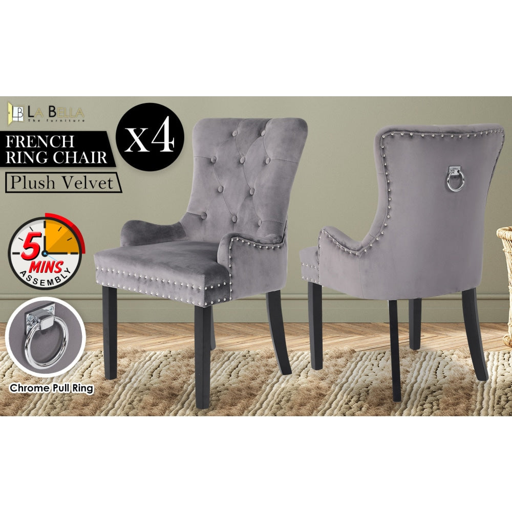 La Bella 4 Set Grey French Provincial Dining Chair Ring Studded Lisse Velvet Rubberwood Fast shipping On sale