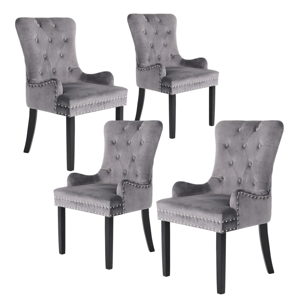 La Bella 4 Set Grey French Provincial Dining Chair Ring Studded Lisse Velvet Rubberwood Fast shipping On sale