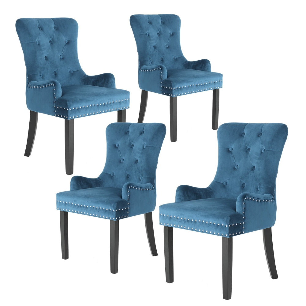 La Bella 4 Set Navy Blue French Provincial Dining Chair Ring Studded Lisse Velvet Rubberwood Fast shipping On sale