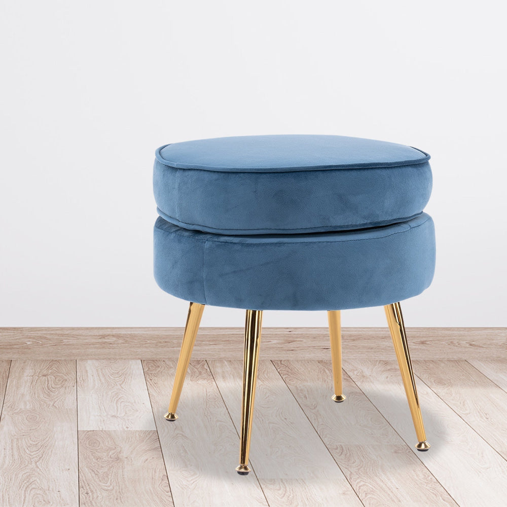 La Bella Navy Blue Round Ottoman Foot Stool Velvet Fabric Metal Leg Fast shipping On sale