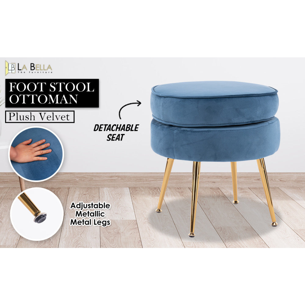 La Bella Navy Blue Round Ottoman Foot Stool Velvet Fabric Metal Leg Fast shipping On sale