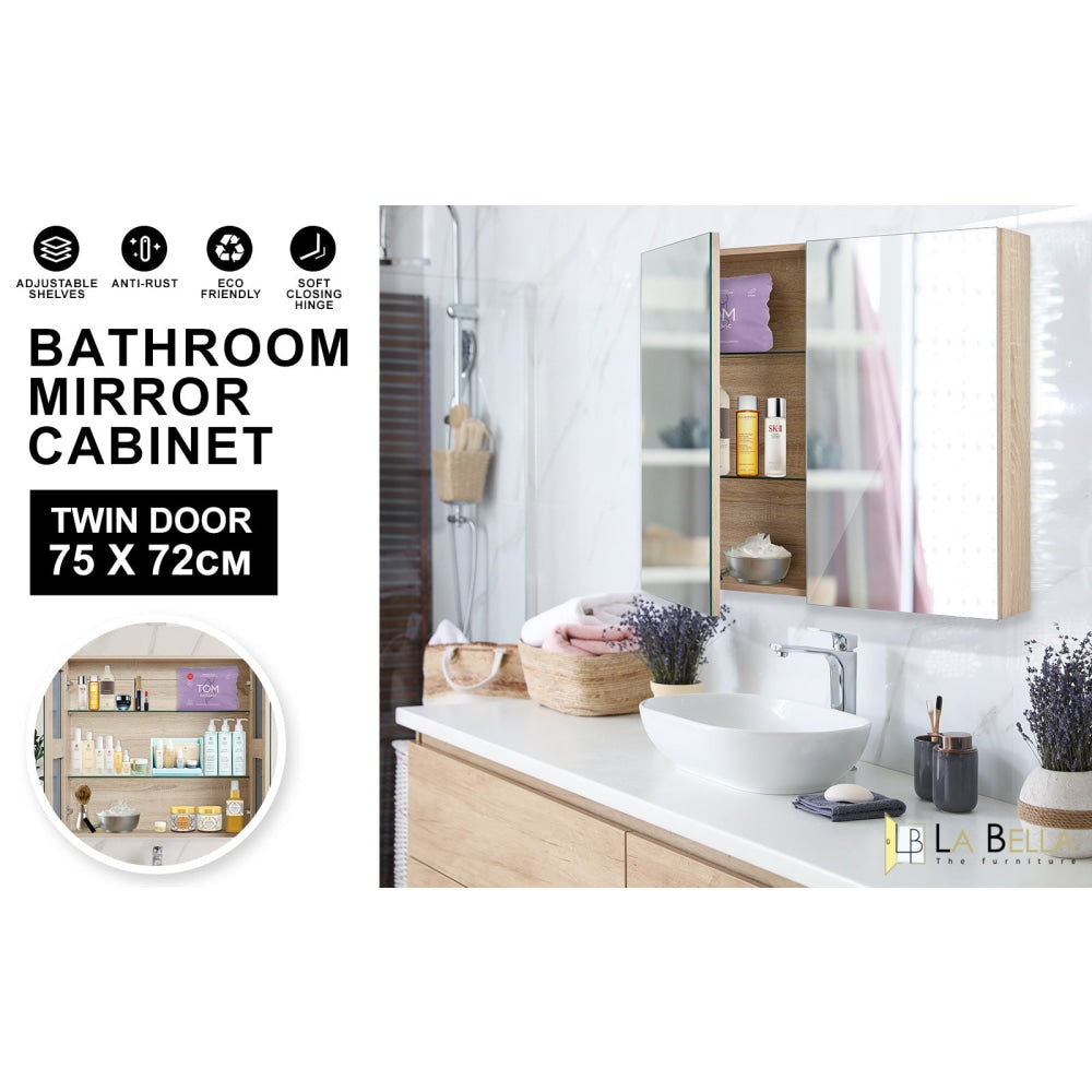 La Bella Oak Bathroom Mirror Cabinet Wall Twin Door Shaving Storage 75 x 72 cm Fast shipping On sale