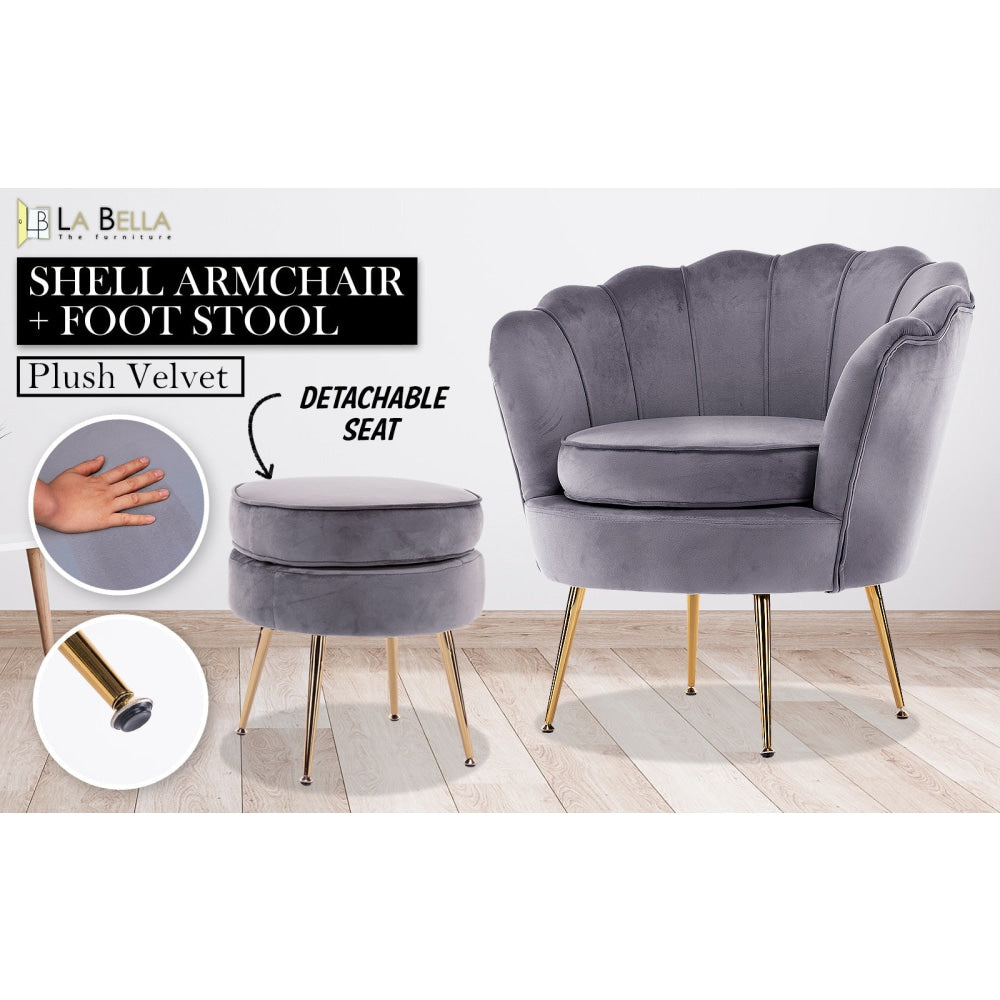 La Bella Shell Scallop Grey Armchair Accent Chair Velvet + Round Ottoman Footstool Fast shipping On sale