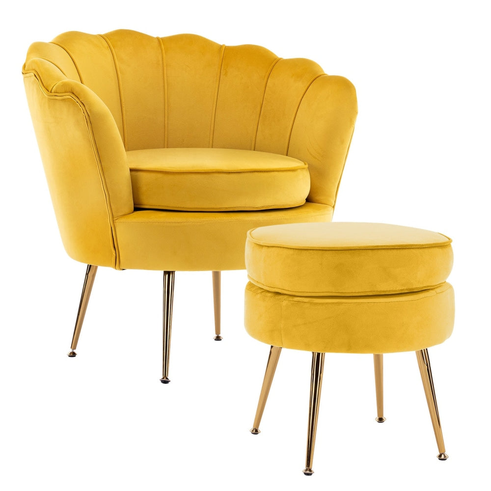 La Bella Shell Scallop Yellow Armchair Accent Chair Velvet + Round Ottoman Footstool Fast shipping On sale