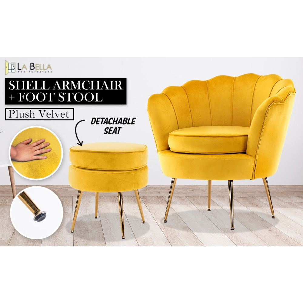 La Bella Shell Scallop Yellow Armchair Accent Chair Velvet + Round Ottoman Footstool Fast shipping On sale