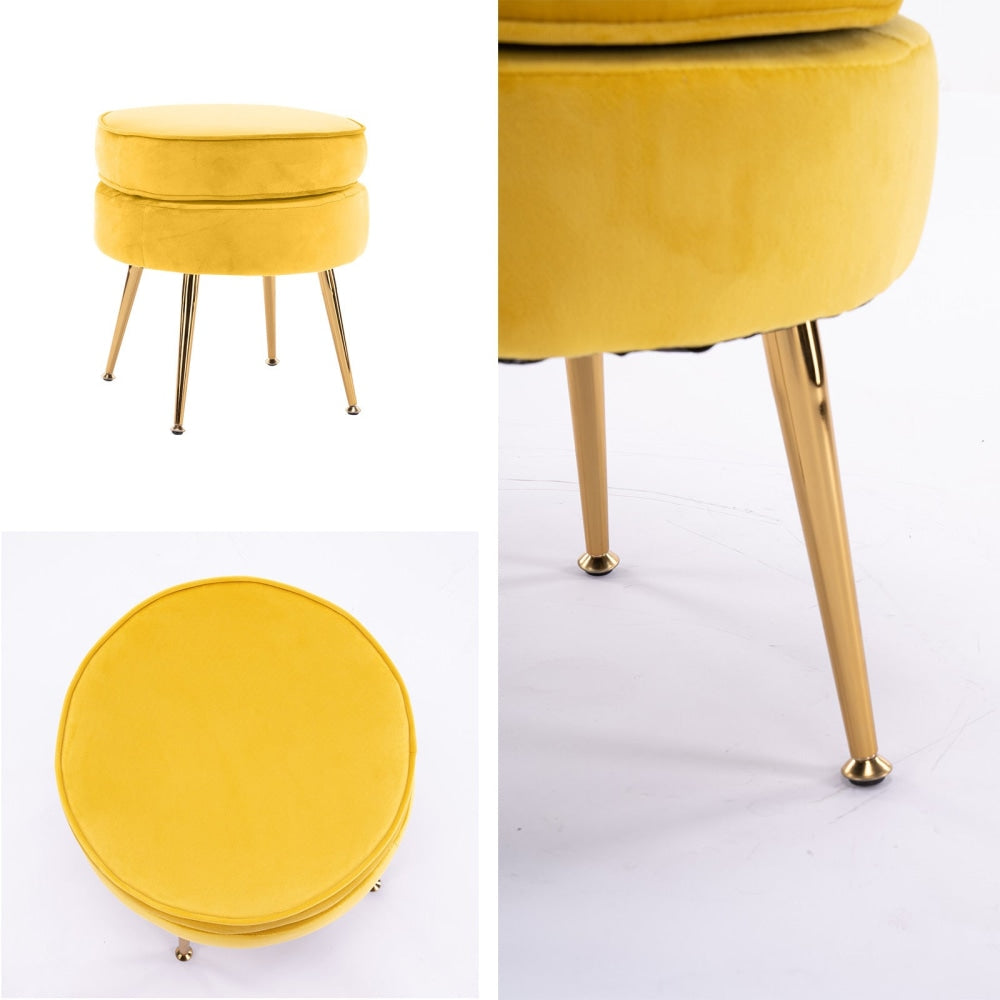 La Bella Yellow Round Ottoman Foot Stool Velvet Fabric Metal Leg Fast shipping On sale