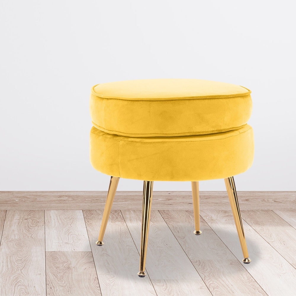 La Bella Yellow Round Ottoman Foot Stool Velvet Fabric Metal Leg Fast shipping On sale