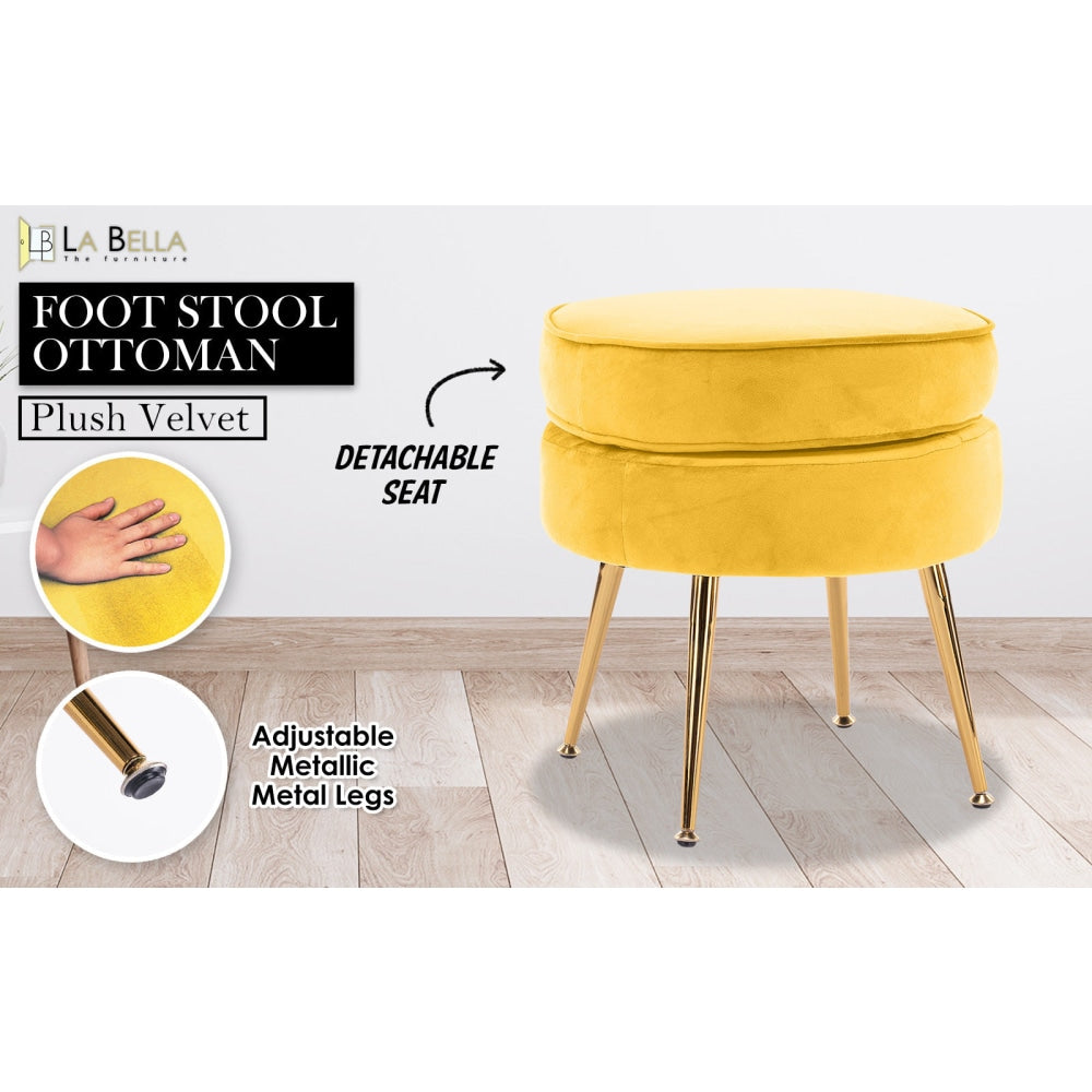 La Bella Yellow Round Ottoman Foot Stool Velvet Fabric Metal Leg Fast shipping On sale