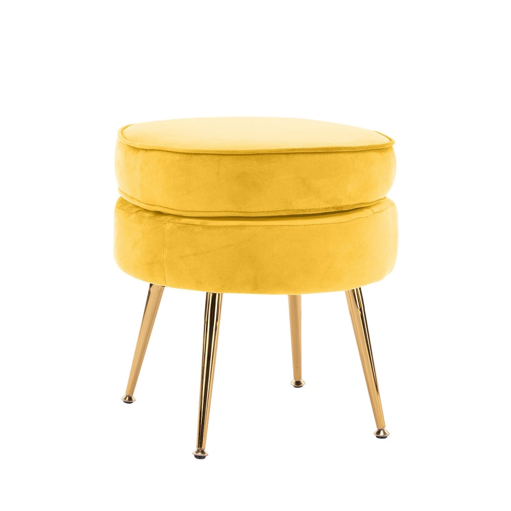 La Bella Yellow Round Ottoman Foot Stool Velvet Fabric Metal Leg Fast shipping On sale