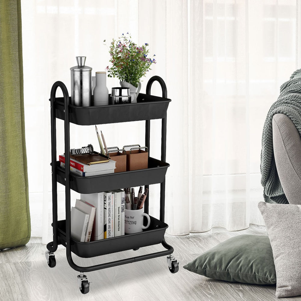 Levede 3 Tiers Kitchen Storage Trolley Cart Steel Rack Shelf Organiser Black Fast shipping On sale