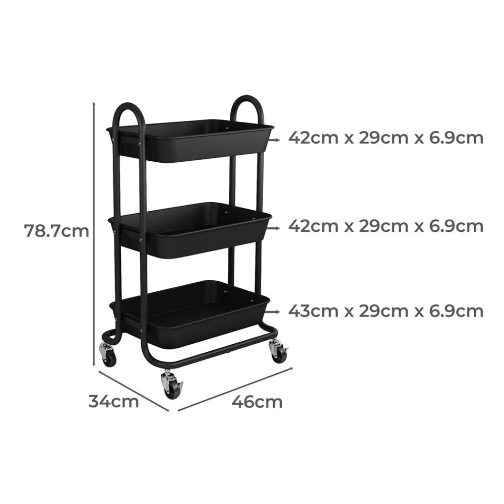 Levede 3 Tiers Kitchen Storage Trolley Cart Steel Rack Shelf Organiser Black Fast shipping On sale