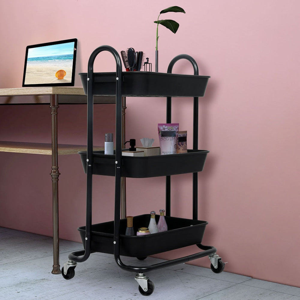 Levede 3 Tiers Kitchen Storage Trolley Cart Steel Rack Shelf Organiser Black Fast shipping On sale