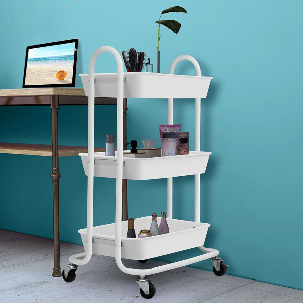 Levede 3 Tiers Kitchen Storage Trolley Cart Steel Rack Shelf Organiser White Fast shipping On sale