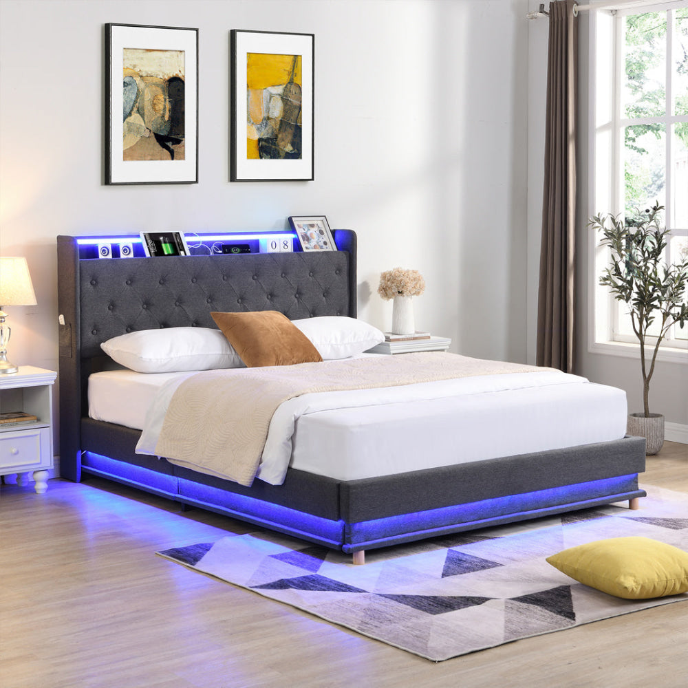 Levede King Bed Frame Gas Lift Storage LED Light USB Fast shipping On sale