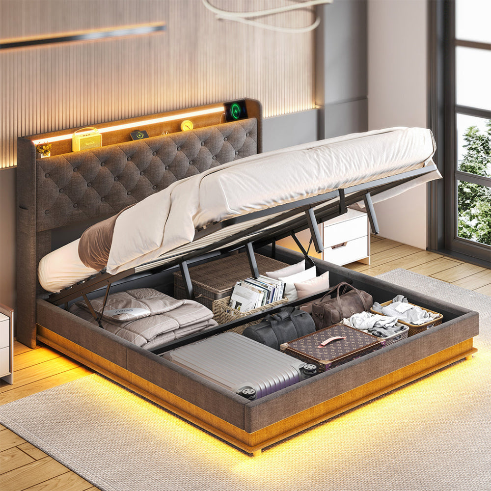 Levede King Bed Frame Gas Lift Storage LED Light USB Fast shipping On sale