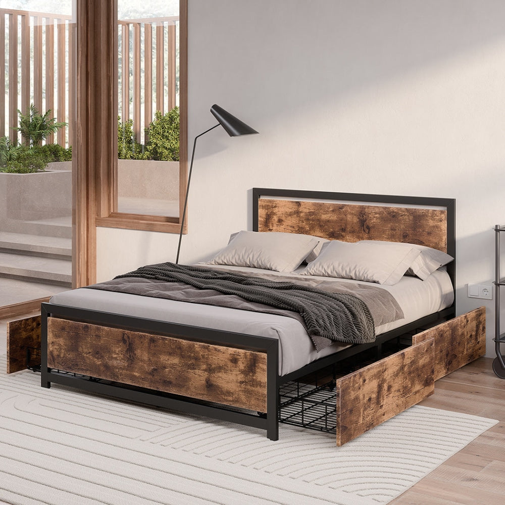 Levede Metal Bed Frame Double Mattress Base Platform Wooden 4 Drawers Industrial Fast shipping On sale