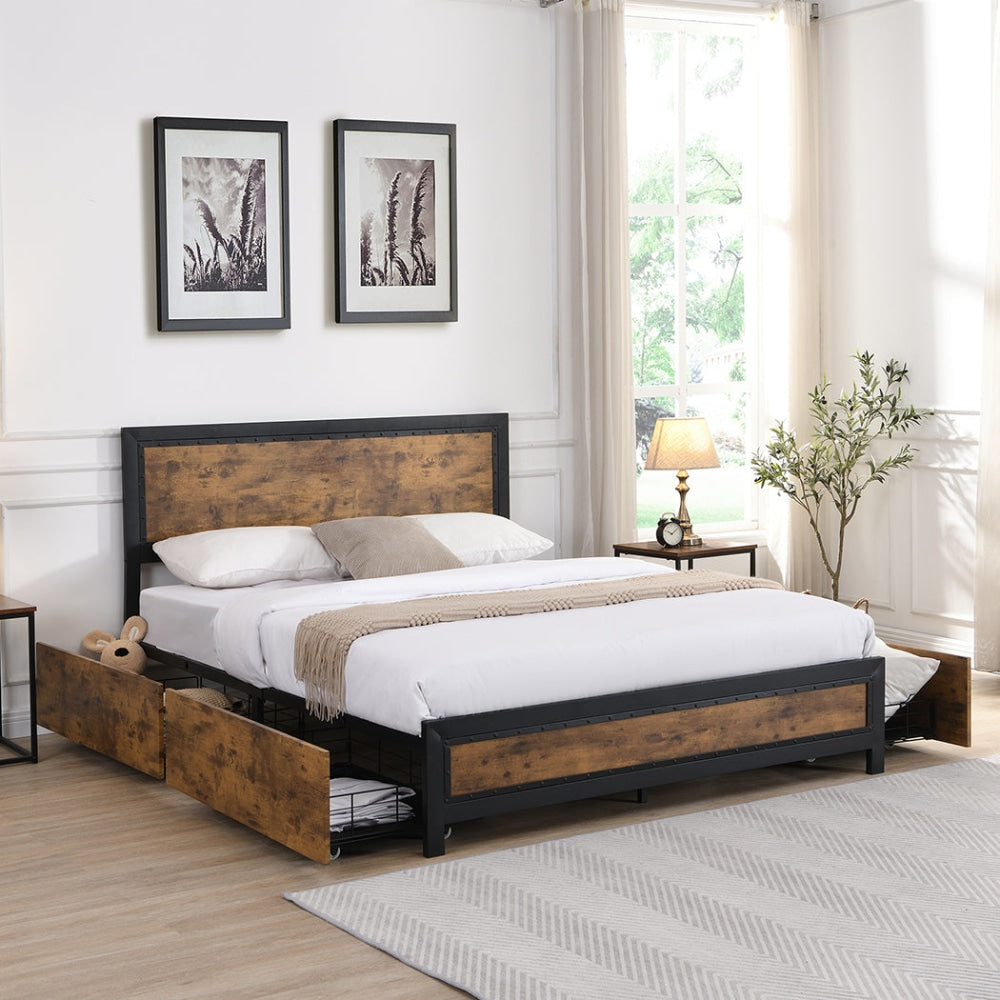 Levede Metal Bed Frame Double Mattress Base Platform Wooden 4 Drawers Rustic Fast shipping On sale