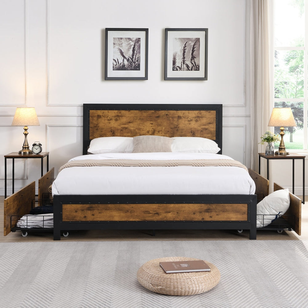 Levede Metal Bed Frame Double Mattress Base Platform Wooden 4 Drawers Rustic Fast shipping On sale