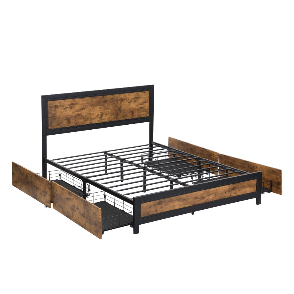 Levede Metal Bed Frame Queen Mattress Base Platform Wooden 4 Drawers Rustic Fast shipping On sale