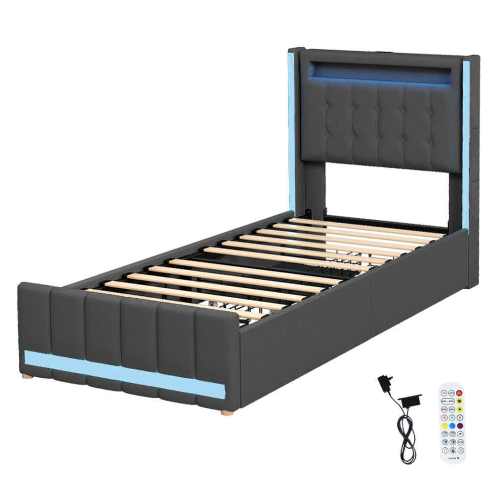 Levede Single Bed Frame Fabric Storage Drawer LED USB Fast shipping On sale