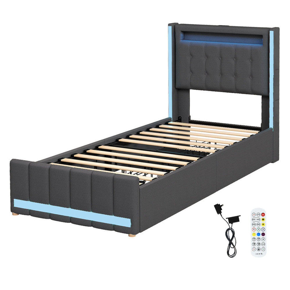 Levede Single Bed Frame Fabric Storage Drawer LED USB Fast shipping On sale