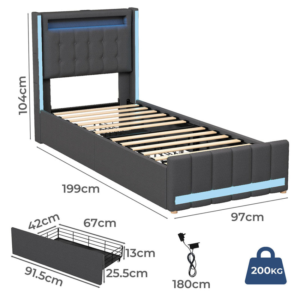 Levede Single Bed Frame Fabric Storage Drawer LED USB Fast shipping On sale