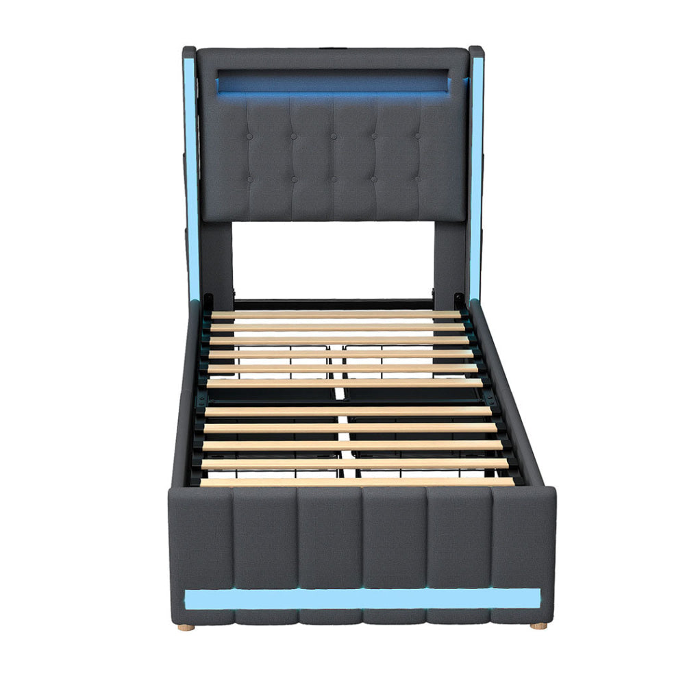Levede Single Bed Frame Fabric Storage Drawer LED USB Fast shipping On sale