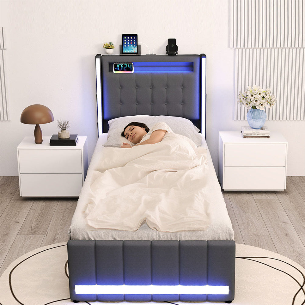 Levede Single Bed Frame Fabric Storage Drawer LED USB Fast shipping On sale