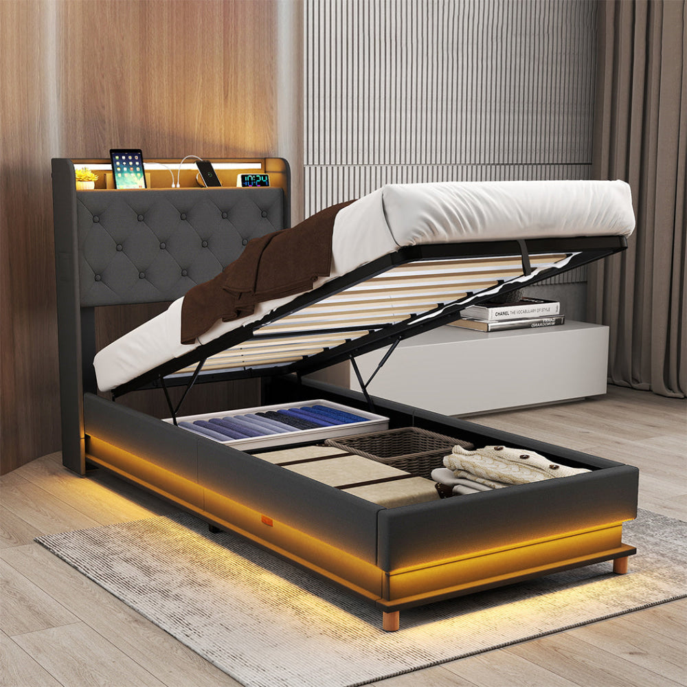 Levede Single Bed Frame Gas Lift Storage LED Light USB Fast shipping On sale