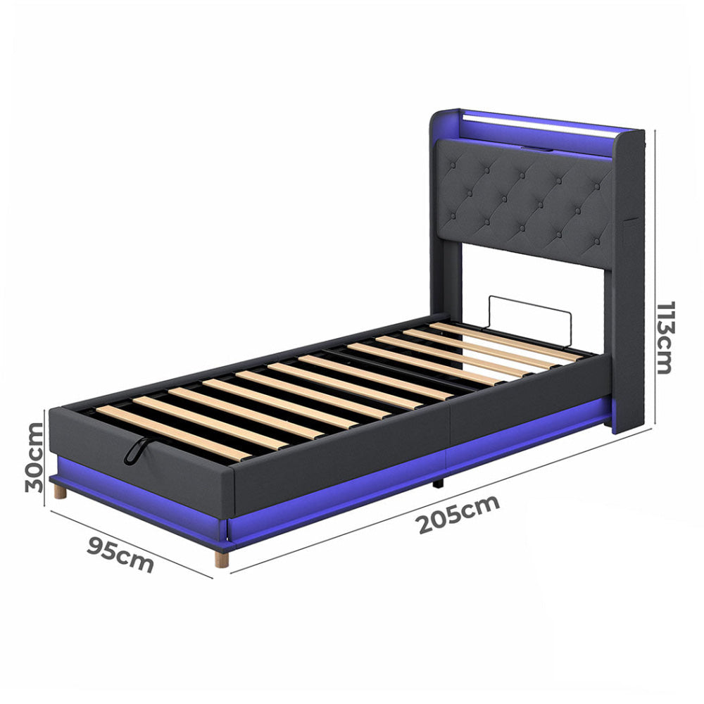 Levede Single Bed Frame Gas Lift Storage LED Light USB Fast shipping On sale