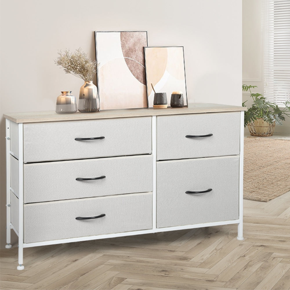 Levede Storage Cabinet Tower Chest of Drawers Dresser Tallboy 5 Drawer Beige Of Fast shipping On sale