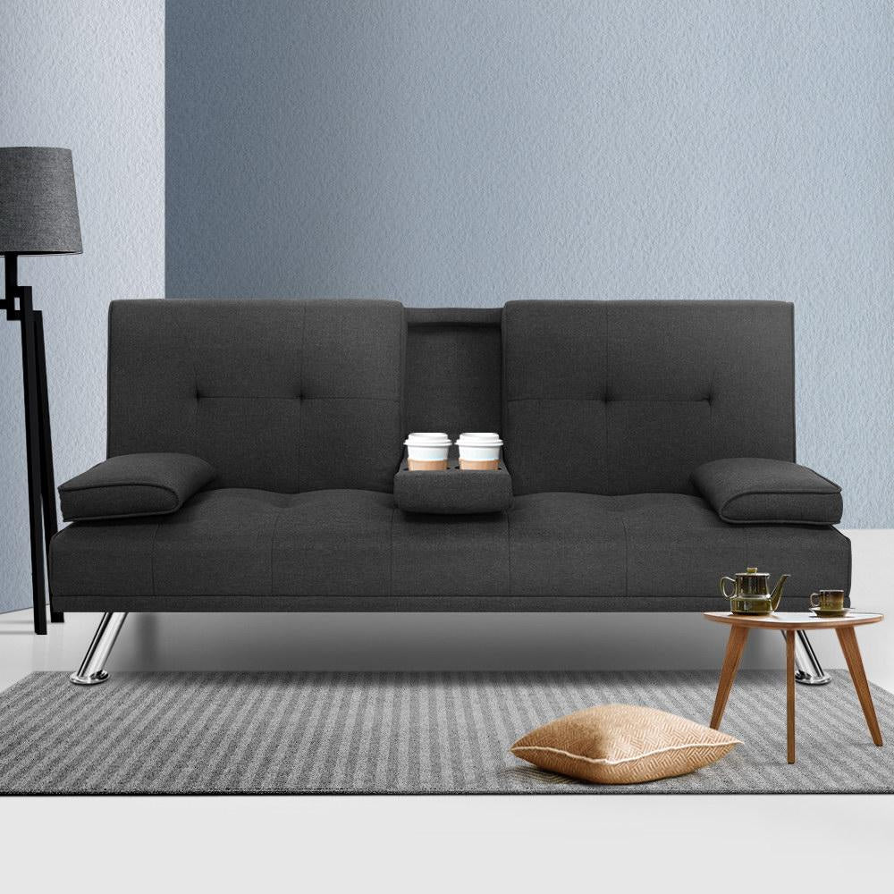 Linen Fabric 3 Seater Sofa Bed Recliner Lounge Couch Cup Holder Futon Dark Grey Fast shipping On sale